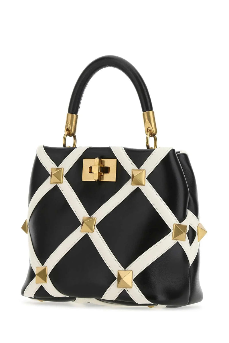 Valentino Garavani Black Roman Studded Grid Small Tote Bag