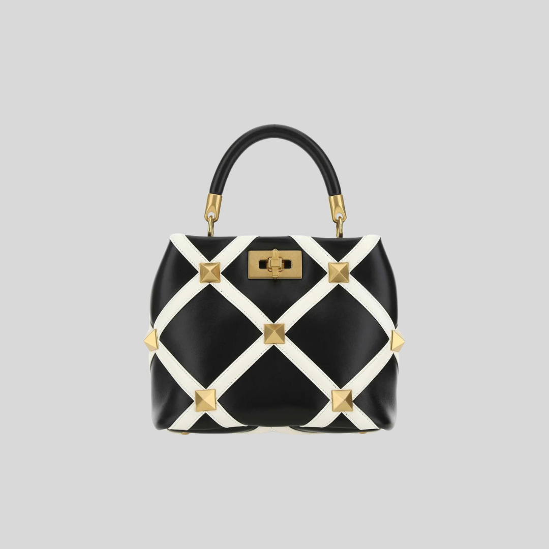 Valentino Garavani Black Roman Studded Grid Small Tote Bag