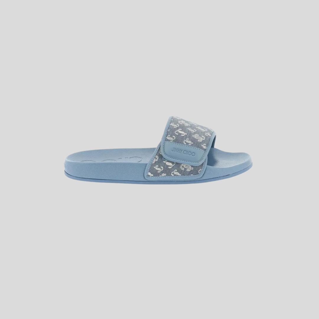 Jimmy Choo Blue Fitz Logo Embossed Slides