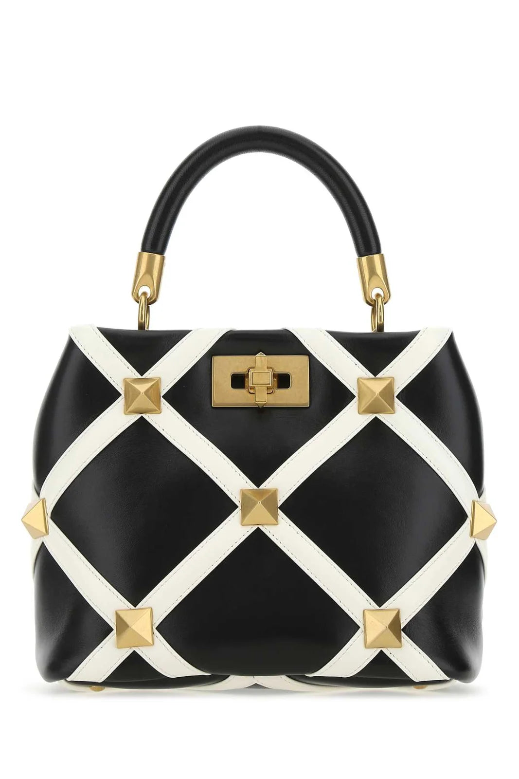 Valentino Garavani Black Roman Studded Grid Small Tote Bag