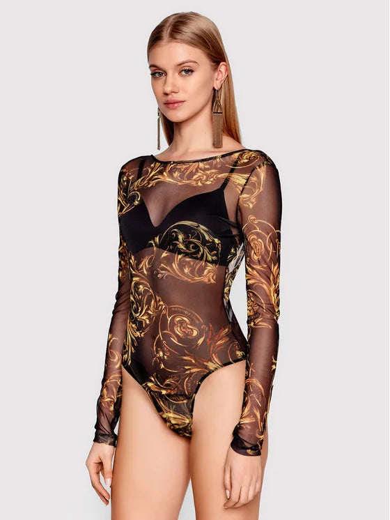 Versace Jeans Couture Black Tulle Regalia Bodysuit